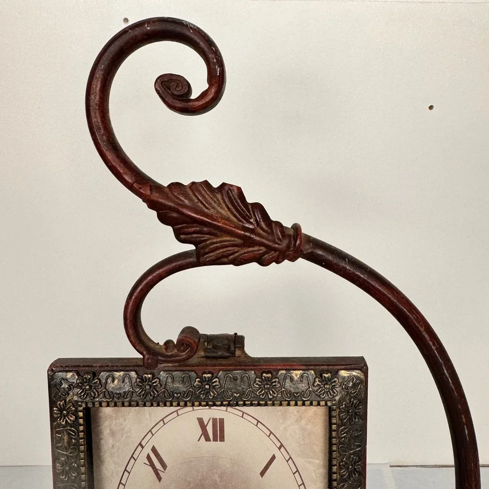 Tabletop Clock Wrought Iron Vintage Shabby Chic Bird Scroll Floral Mantel Decor